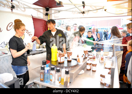 Stall selling crepes at the outdoor continental market on the Foyle Embankment, Londonderry, Northern Ireland Stock Photo