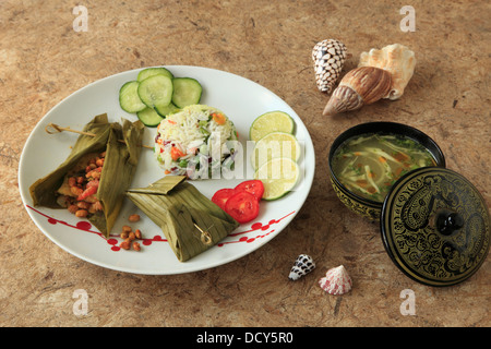 Burmese meal, fish in banana leaves, fish soup, Stock Photo