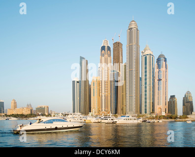Skyline of skyscrapers in marina area at New Dubai with Princess Tower world's tallest residential in United Arab Emirates Stock Photo