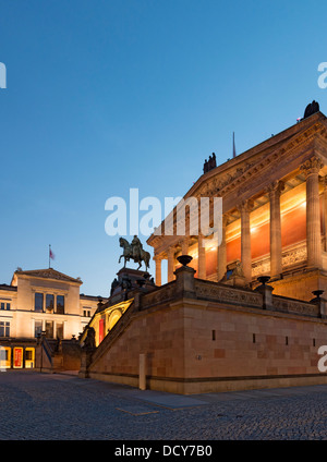 Night view of Alte Nationalgalerie on right and Neues Museum on Museum Island in Berlin Germany Stock Photo