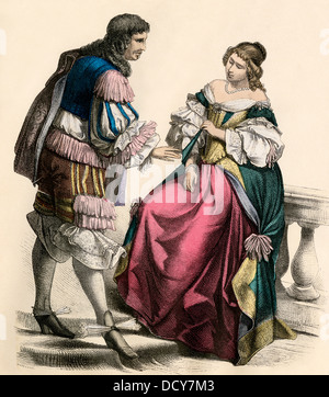 Fashionable couple in the Netherlands, end of 1600s. Hand-colored print Stock Photo