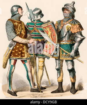 Burgundian archer wearing chain mail and a knight in plate armor, 1470. Hand-colored print Stock Photo