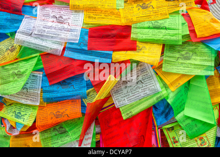 Background of colorful Buddhist Tibetan prayer flags Stock Photo