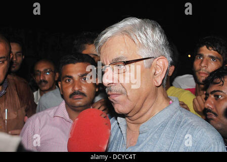 Islamabad, Pakistan. 22nd August 2013. Sialkot:, August 22, 2013 : Federal Minister for Water & Power,  Khawaja Muhammad Asif talking to media about PP-123 bye-polls.        Handout by Pakistan informtion department      (Photo by PID/Deanpictures/Alamy Live News) Stock Photo