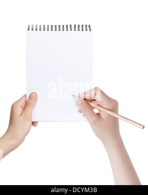 female teen hands writing something in notepad, isolated Stock Photo