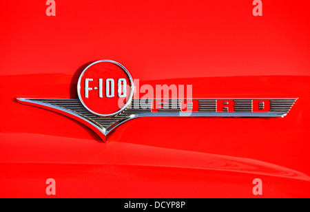Emblem of 1956 Ford F100 pick up truck on side panel Stock Photo