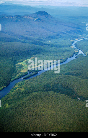 Kamchatka Russia Aerial Of River going through The Taiga Stock Photo