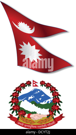 nepal shadowed textured wavy flag and coat of arms against white, vector art illustration, image contains transparency Stock Photo