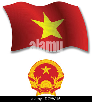vietnam shadowed textured wavy flag and coat of arms against white background, vector art illustration Stock Photo