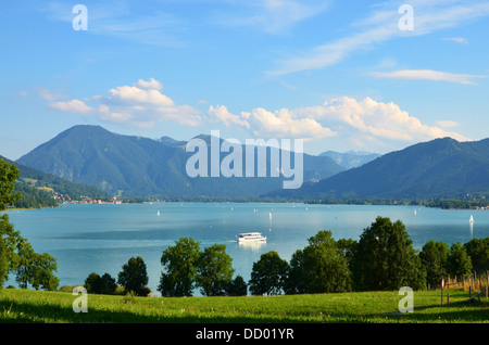 Tegernsee, view from Kaltenbrunn over the lake to Wallberg, sunny day, white clouds, Bavaria, Germany, landscape Stock Photo