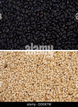 A composition of Black Beans at the top and Sesame Seeds at the bottom Stock Photo