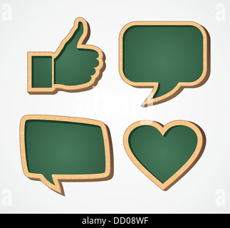 Back to school wooden chalkboard social media speech bubble human hand and love icons illustration. Stock Photo