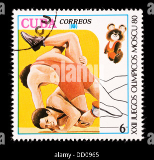 Postage stamp from Cuba depicting two Greco-Roman wrestlers, issued for the 1980 Summer Olympic Games in Moscow. Stock Photo