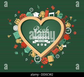 Welcome back to school heart shaped chalkboard green background colorful icons illustration. Vector file layered for easy editing. Stock Photo