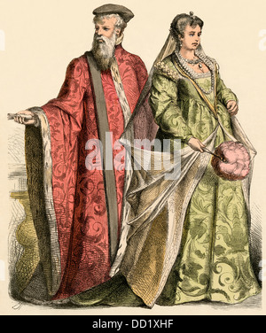 Senator and lady of Venice, 1500s. Hand-colored print Stock Photo