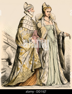 Doge of Venice and his wife, 1500s. Hand-colored print Stock Photo