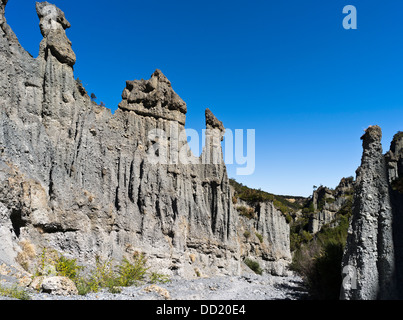 dh Putangirua Pinnacles WAIRARAPA NEW ZEALAND Woman tourist Geological rock formation earth pillars Aorangi Ranges valley rocky landscape Stock Photo