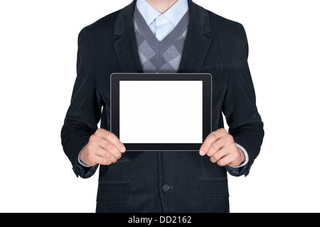 Young man in black suit showing modern digital tablet with blank screen. Isolated on white background Stock Photo
