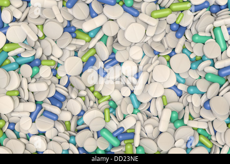 top view of many different drugs in green blue and white Stock Photo