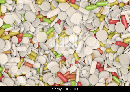 stacked pills and tablets in different colors Stock Photo