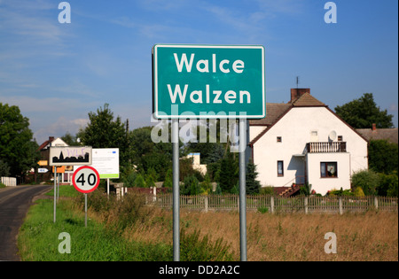 Bilingual Polish - German city sign, Walce, Opole, Silesia, Poland Stock Photo