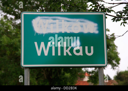 Bilingual Polish - German city sign, Wilkow, Opole, Silesia, Poland Stock Photo