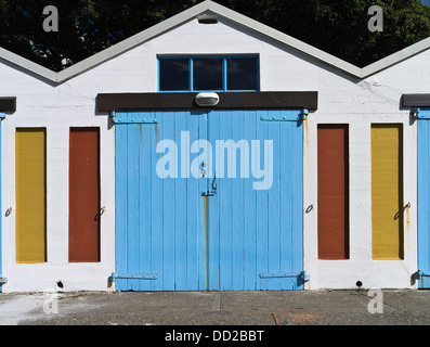 dh Lambton Harbour WELLINGTON NEW ZEALAND Colourful boatshed doors Clyde Quay Marina boat shed front boatsheds Stock Photo