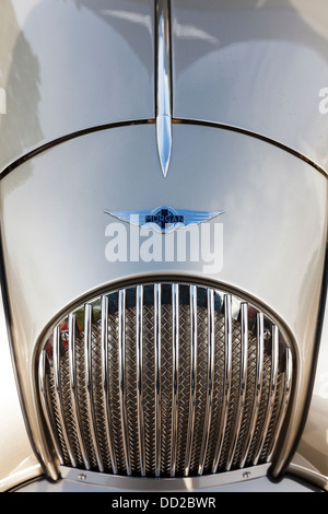 The bonnet and radiator grill of a metallic silver Morgan Aero, England Stock Photo