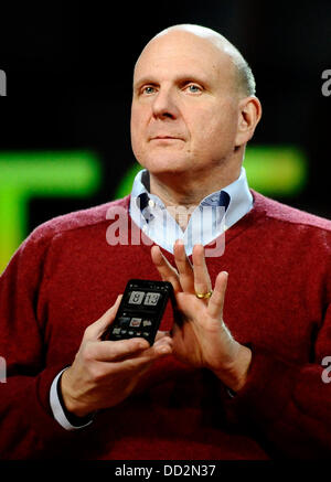 August 23, 2013 - FILE - CEO of Microsoft STEVE BALLMER, who took the reins from Chairman B. Gates in January 2000 has announced a surprise retirement. Ballmer has pushed Windows software to be used with touch commands and introduced a Microsoft-designed tablet computer called Surface. As of 2013, his personal wealth is estimated at $15.2 billion, ranking number 19 on the Forbes 400. PICTURED: Jan. 06, 2010 - Las Vegas, Nevada, U.S. - Keynote speaker Steve Ballmer Microsoft CEO talks about the new microsoft phone HTC-HD2 during the start of the 2010 CES. (Credit Image: © Gene Blevins/ZUMA Wire Stock Photo