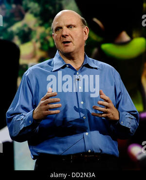 August 23, 2013 - FILE - CEO of Microsoft STEVE BALLMER, who took the reins from Chairman B. Gates in January 2000 has announced a surprise retirement. Ballmer has pushed Windows software to be used with touch commands and introduced a Microsoft-designed tablet computer called Surface. As of 2013, his personal wealth is estimated at $15.2 billion, ranking number 19 on the Forbes 400. PICTURED:  Jan 5,2011 - Las Vegas, Nevada, U.S. - Microsoft Chief Executive Officer Steve Ballmer delivers a pre-show keynote address at the 2011 International CES. (Credit Image: © Gene Blevins/ZUMAPRESS.com) Stock Photo
