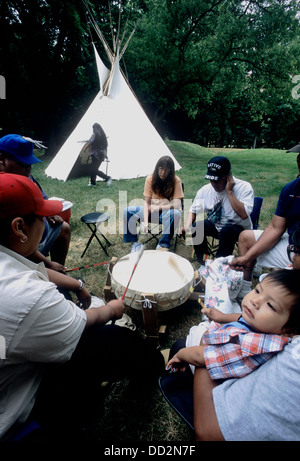 Native Americans drumming at powwow at the Nez Perce National Historical Park, Lapwai, Idaho Stock Photo