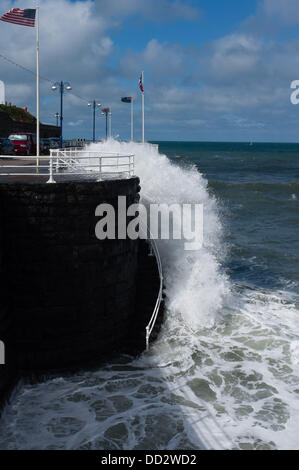 Aberystwyth Wales UK, Saturday 24 August 2013   Heavy seas a high tide and gusty winds bring waves crashing into the promenade at Aberystwyth on the August Bank Holiday weekend.   photo Credit: keith morris/Alamy Live News Stock Photo