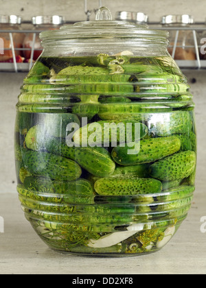 Pickled green cucumbers in glass jar Stock Photo