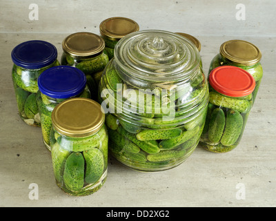Pickled green cucumbers in glass jars on kitchen countertop Stock Photo