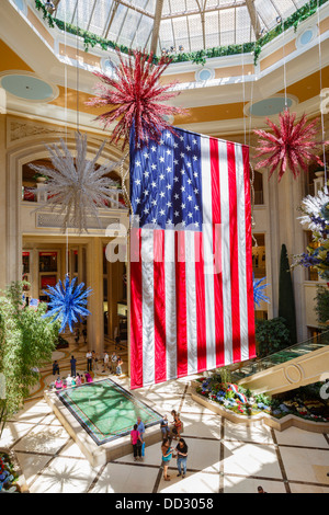 Las Vegas, Nevada - May 18, 2012. A giant American flag hangs in a shopping mall in Las Vegas