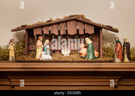 Nativity scene or creche with a stable and manger Stock Photo