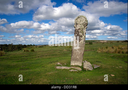 Bodmin Moor at Minions in Poldark country showing the Hurlers standing stones, Houseman's Engine House, and a Celtic cross. a UK Stock Photo