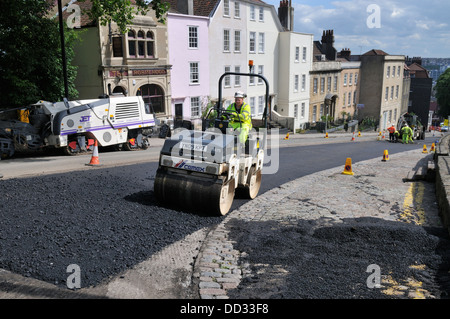 Road roller on road resurfacing, UK Stock Photo