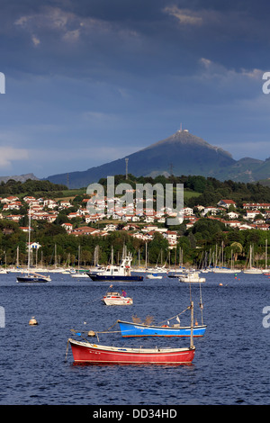 Boats and yachts moored on the Bidasoa River in Hendaye in the Basque Country French border with Spain. Stock Photo