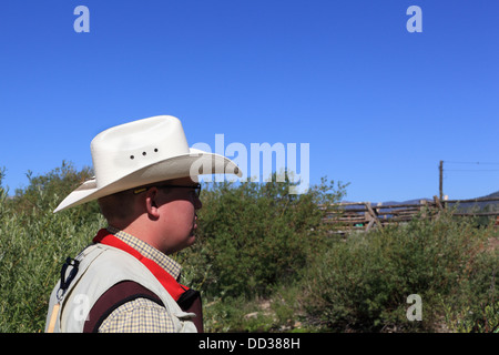 portrait of cowboy angler standing in sunny Montana scenery Stock Photo