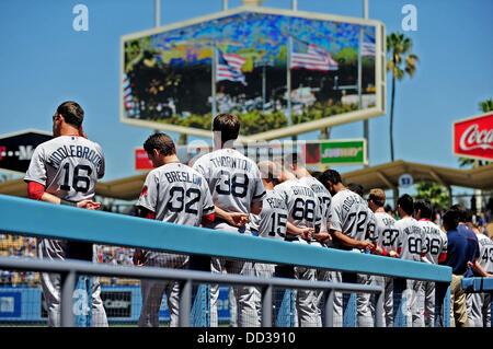 Los Angeles, CA, USA. 24th Aug, 2013. The Boston Red Sox stand for the National Anthem before the Major League Baseball game between the Los Angeles Dodgers and the Boston Red Sox at Dodger Stadium.Louis Lopez/CSM/Alamy Live News Stock Photo