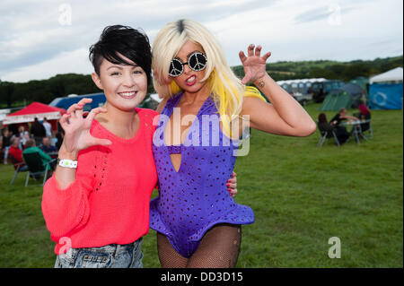 Aberystwyth Wales UK, Saturday 24 August 2013   'Maybe GaGa', a Lady Gaga tribute act, with her fans at The second day of the  2013 Big Tribute Festival, Wales's only music festival devoted to covers bands. August Bank Holiday weekend 2013  photo Credit:  keith  morris/Alamy Live News Stock Photo