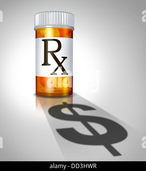 Medicine business concept and prescription drugs cost with a pharmacy pill bottle prescribed by a doctor casting a shadow shaped as a dollar sign as an icon of health care expenses. Stock Photo