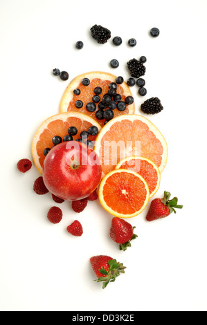 A collection of fruits together - apple, oranges, grapefruit, strawberries, blueberries, blackberries and raspberries. Stock Photo