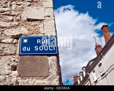 French blue enamel street sign 'Rue du Souci' (Problem Street) - France. Stock Photo