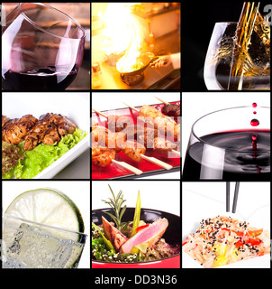 Collection of different meat dishes and alcohol drinks Stock Photo