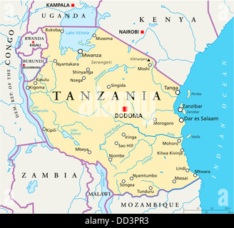 Political map of Tanzania with capital Dodoma, national borders, important cities, rivers, lakes. English labeling and scale. Stock Photo