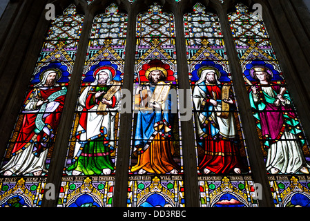 Stained Glass window in St Edward church, Stow on the Wold, Gloucestershire, Cotswolds, England Stock Photo