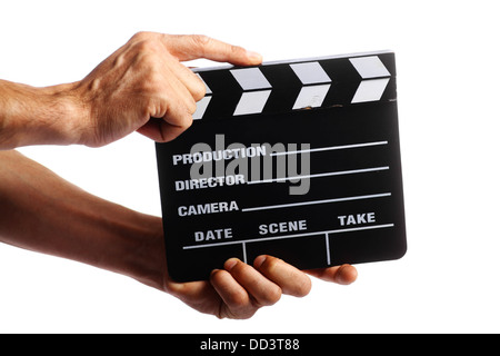 Two hands holding a cinema clap isolated on white Stock Photo
