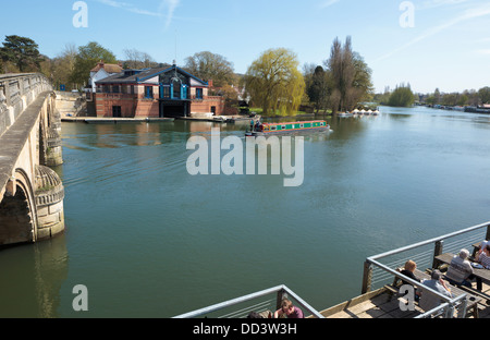 The River Thames, Henley Bridge, and Henley Royal Regatta Headquarters viewed from above the terrace of the Angel on the Bridge Stock Photo